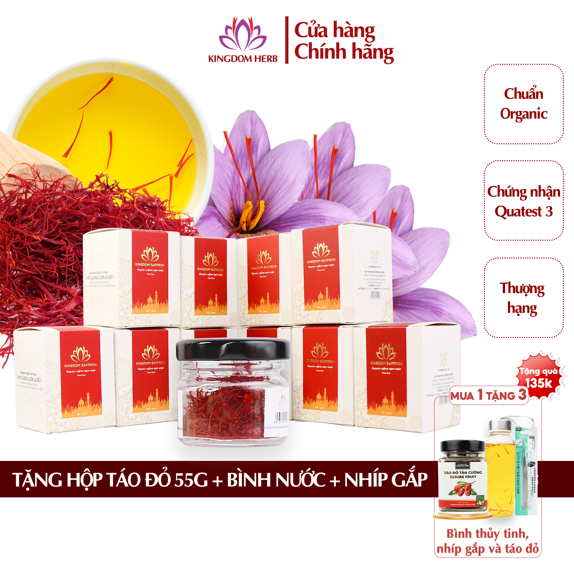 Combo 10 Hộp Hộp1Gr Saffron Kingdom Herb, Nhụy Hoa Nghệ Tây Iran Chính Hãng Super Negin Thượng Hạng - Tặng Táo Đỏ Tân Cương 55G, Bình Nước Và Nhíp Gắp