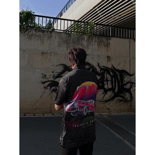 Áo Sơ Mi Unisex Form Rộng Satin TeeHolic In Hình Racing Màu Đen