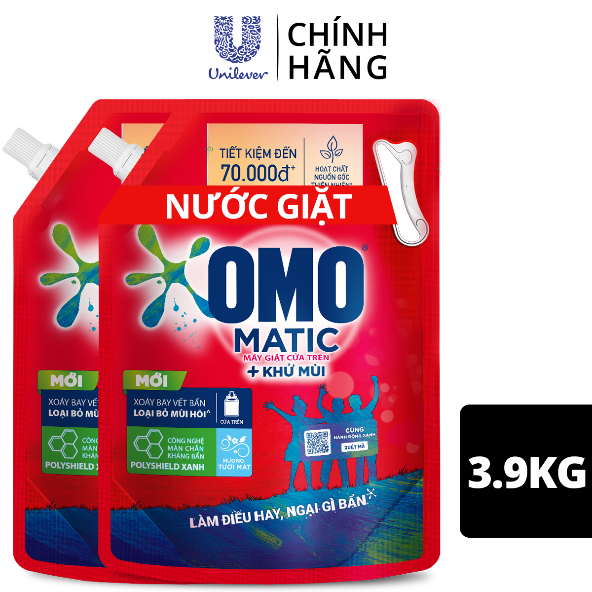 Combo 2 túi nước giặt OMO Matic cho máy giặt cửa trên giúp quần áo sạch bẩn khử mùi toàn diện, túi 4.1kg