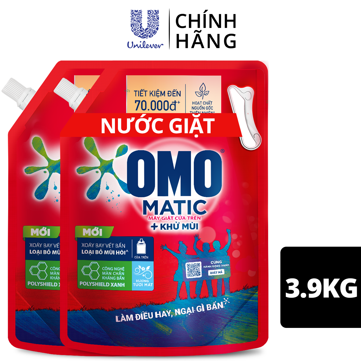 Combo 2 túi nước giặt OMO Matic cho máy giặt cửa trên giúp quần áo sạch bẩn khử mùi toàn diện, túi 3.9kg