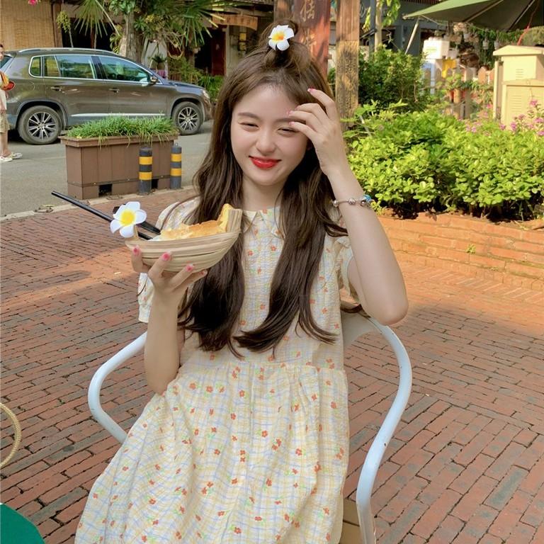 Đầm Dài Midi Cổ Sen Kẻ Sọc Caro Hoạ Tiết Hoa Nhí Ulzzang