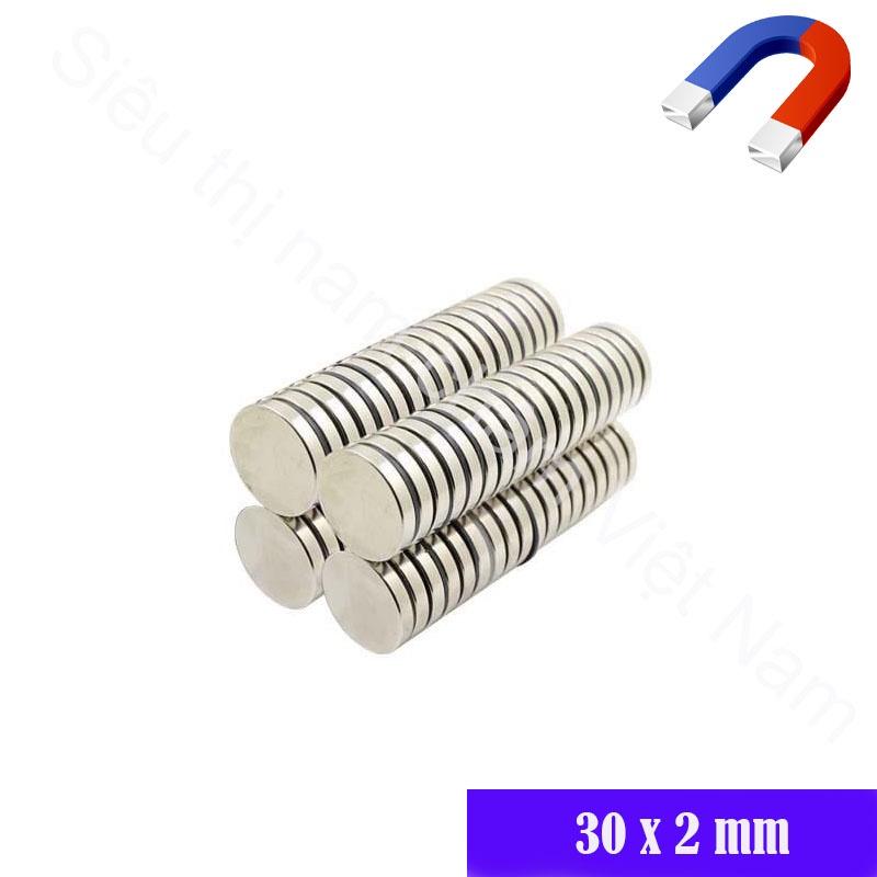 Nam Châm Đất Hiếm 30x2mm set 5 viên, nam châm hình tròn màu trắng bạc siêu mạnh