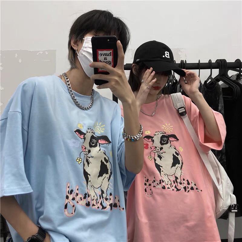 Áo thun unisex freesize bò sữa ảnh thật tay lỡ cổ tròn làm áo đôi áo nhóm 2021