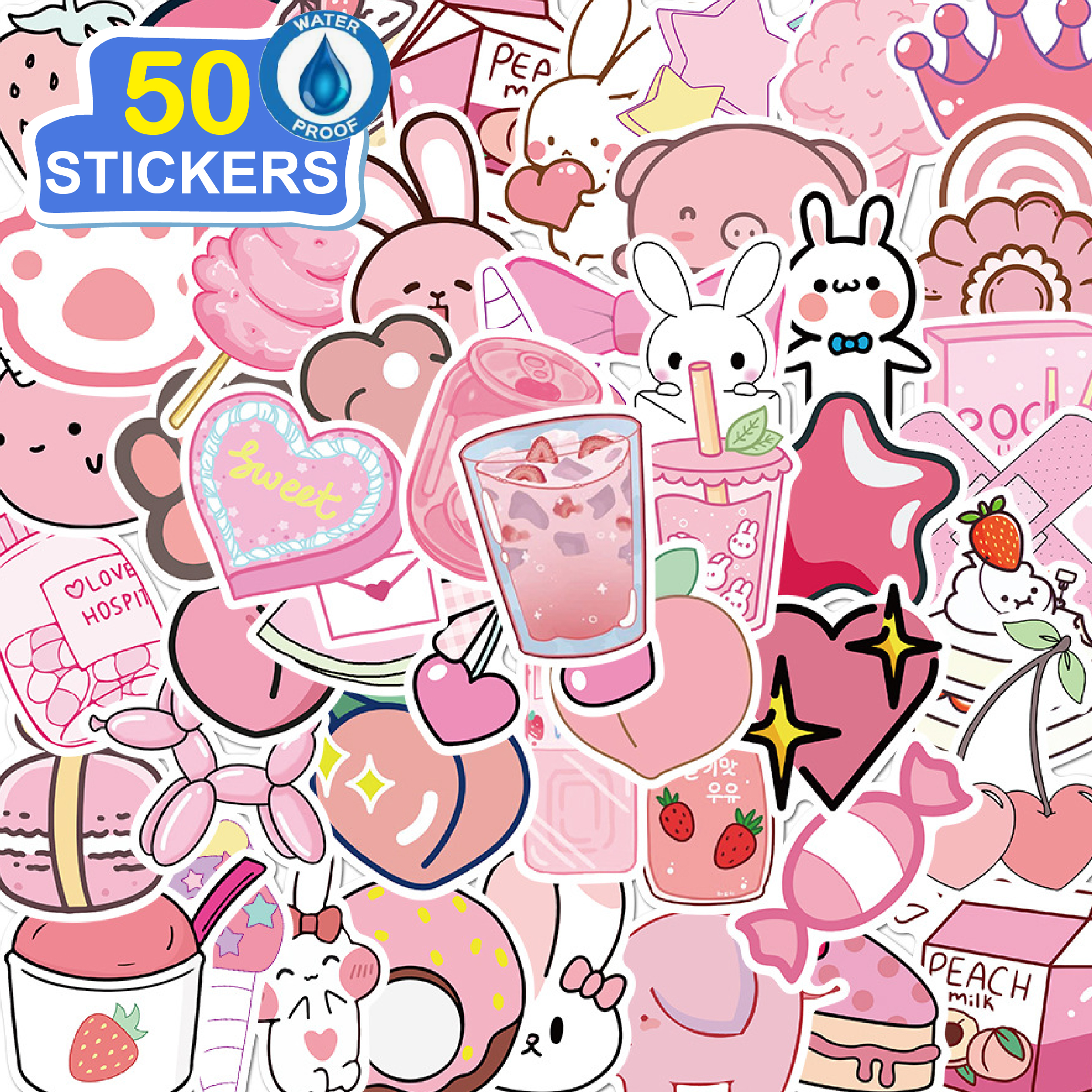 50 Stickers Cô gái màu hồng -Giấy Hình dán dễ thương hoạt hình trang trí laptop, điện thoại, ipad, cốc nước, sổ tay, vali du lịch, scooter, ván trược - Chống thấm nước