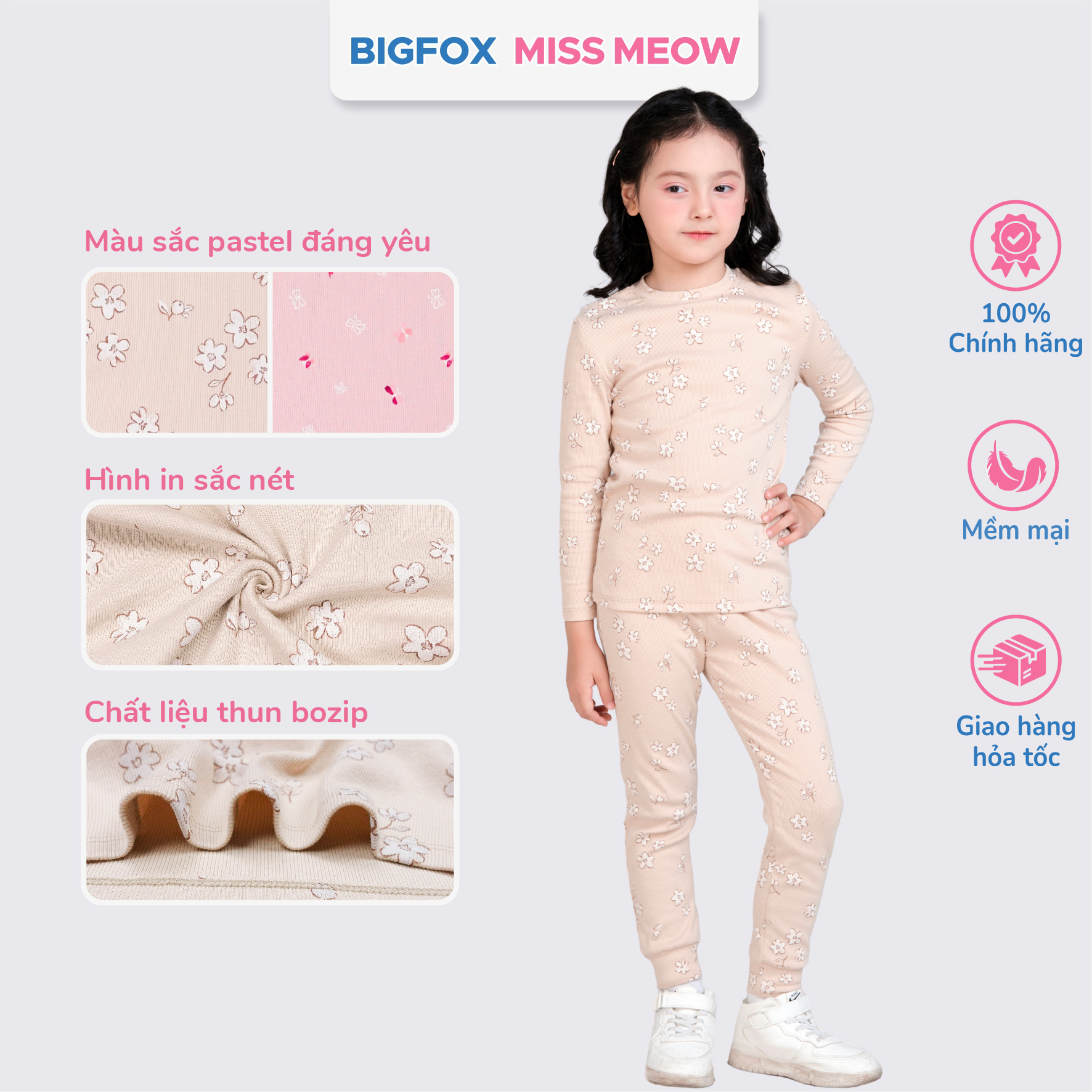 Bộ dài tay cho bé gái Bigfox Miss Meow vải bozip mặc nhà mùa thu đông size đại trẻ em 3-11 tuổi 35kg