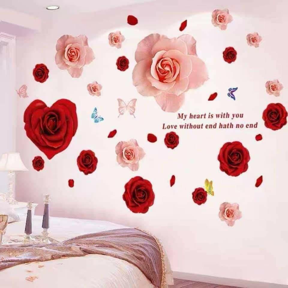 DECAL DÁN TƯỜNG HOA HỒNG PHẤN VÀ TRÁI TIM ĐỎ - HP423