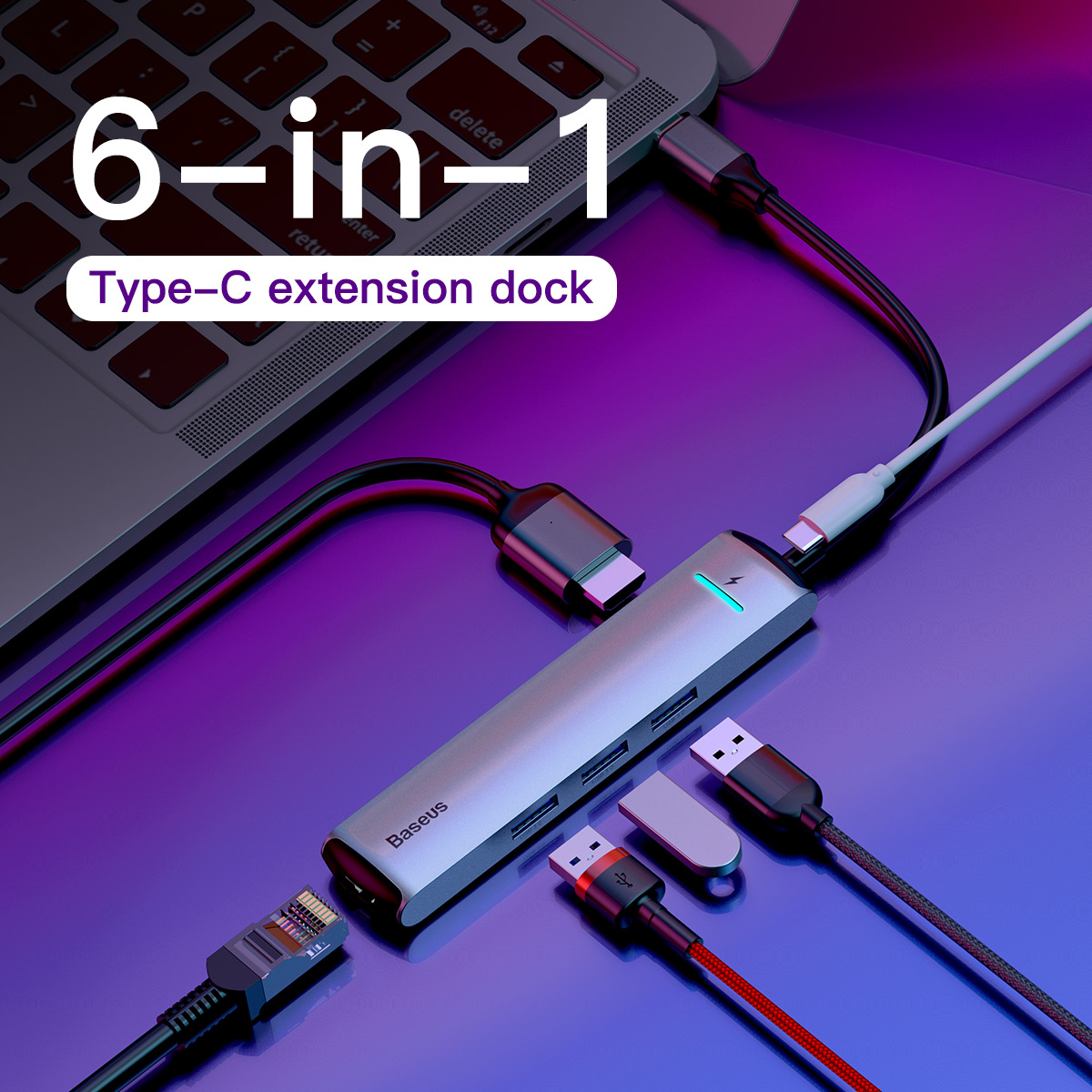 Bộ chuyển đổi HUB thông minh Baseus mechanical eye Six-in-one smart HUB Dex Station Type-C To PD Of HDMI/USB3.0*3/RJ45 Ethernet Port - CAHUB-J0G - Hàng Chính Hãng