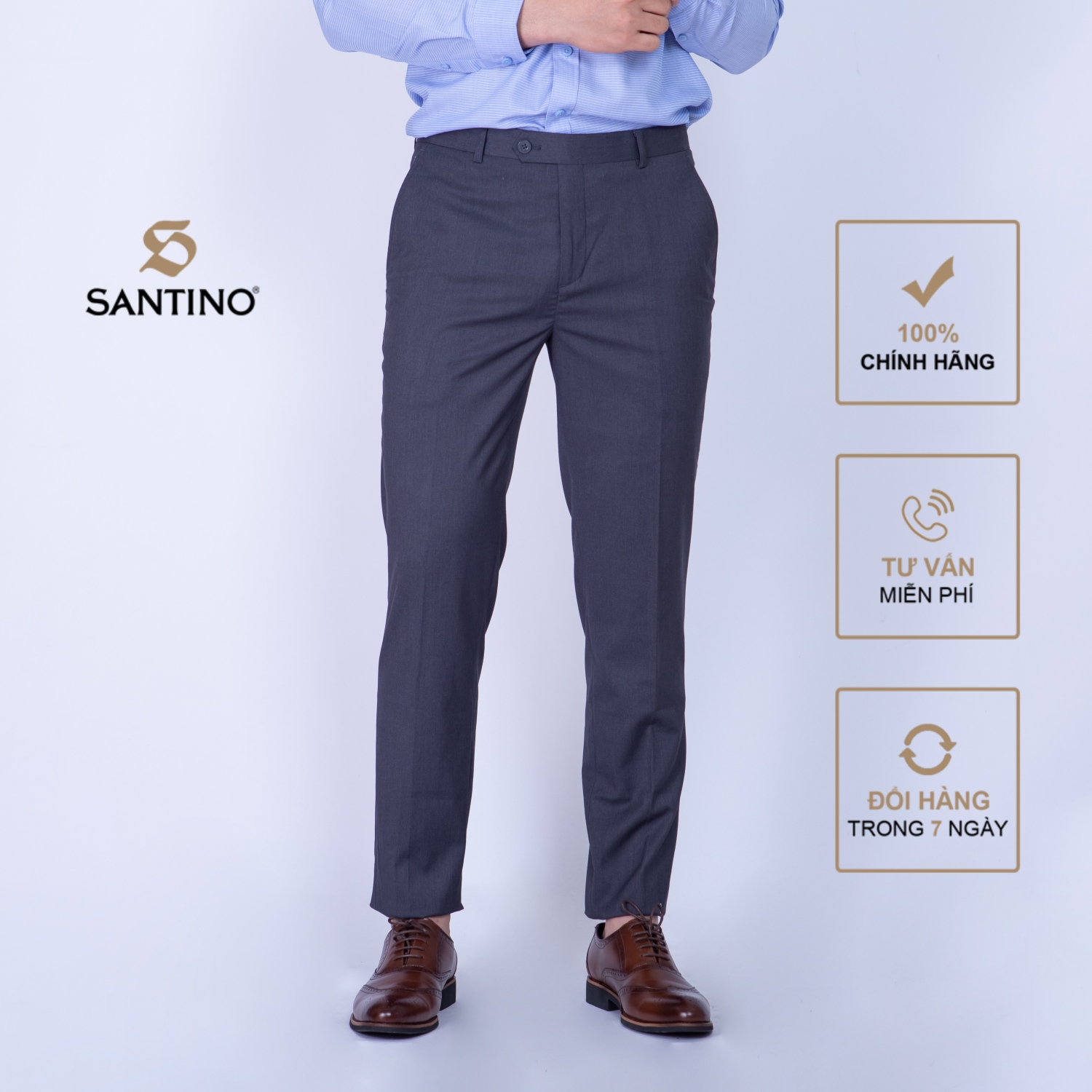 Quần âu nam dài trơn SANTINO, chất liệu Sợi tre dáng ôm slim fit công sở lịch lãm màu xám đậm Q067