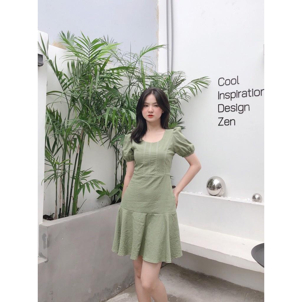 ĐẦM XANH RÊU MAY CHỈ NỔI LILEN 2 LỚP CỔ TRÒN TAY NGẮN PHỒNG PHỐI ĐUÔI CÁ XÒE-hình thật shop chụp