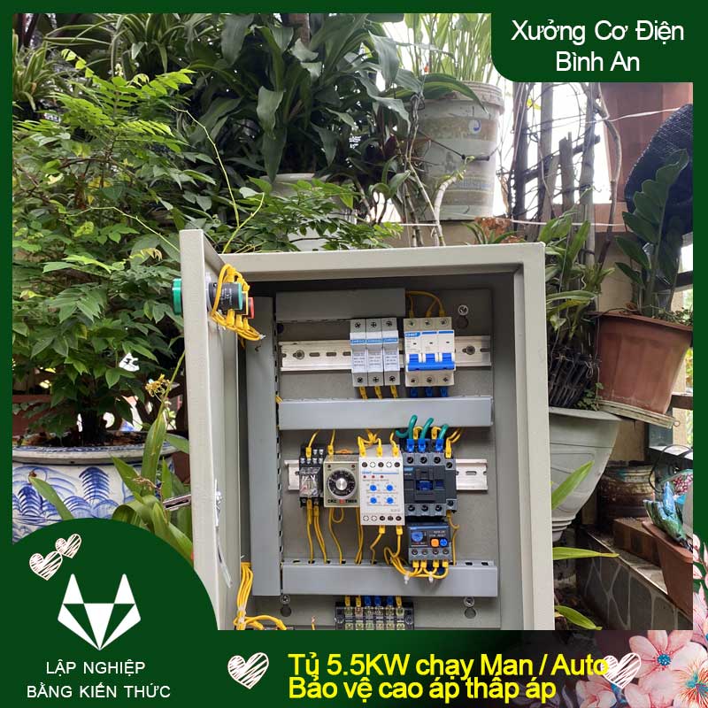 Tủ bơm 5.5KW chạy 2 chế độ tự động và tay chống cao thấp áp, đảo pha ngắn mạch và quá dòng