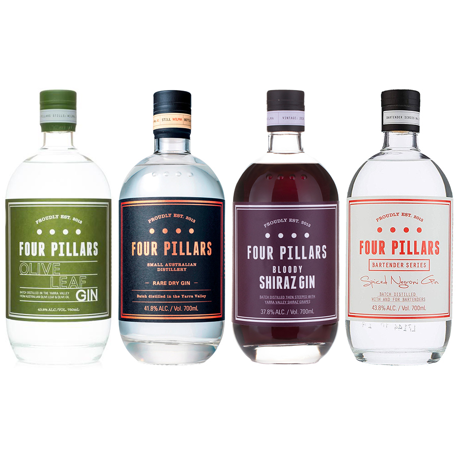 Combo 4 chai Fourpillars Mini 200ml: 1 Olive Leaf 43.8%, 1 Spiced Negroni 43.8%, 1 Rare Dry 41.8%, 1 Bloody Shiraz 37.8% - Kèm hộp