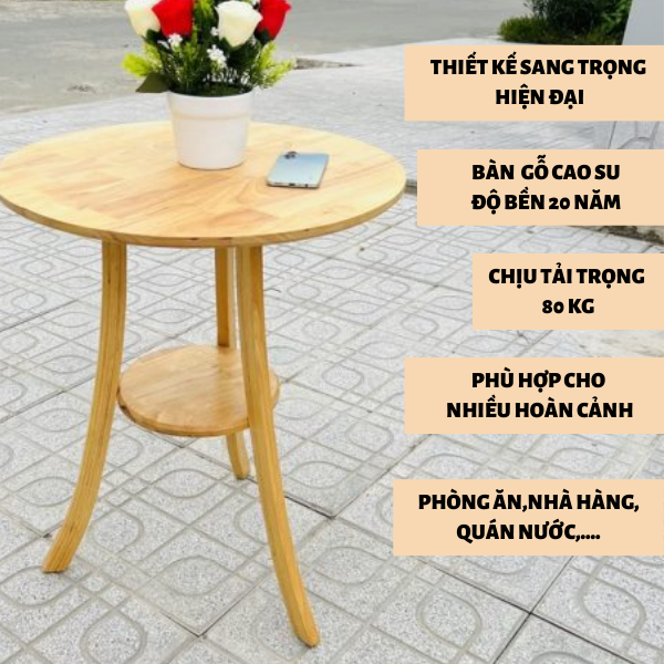 Bàn trà tròn-Bàn cà phê mặt tròn chân tròn-Bàn trà gỗ cao su thiên nhiên an toàn chắc chắn