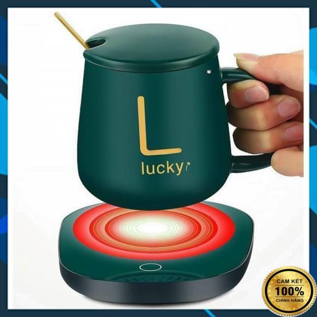 Bộ Cốc Ly Sứ Hâm Nóng Lucky Thông Minh Cao Cấp, Kèm Đế Điện Hâm Cafe, Sữa, Trà Tặng Kèm Thìa Mạ Vàng Tiện Lợi