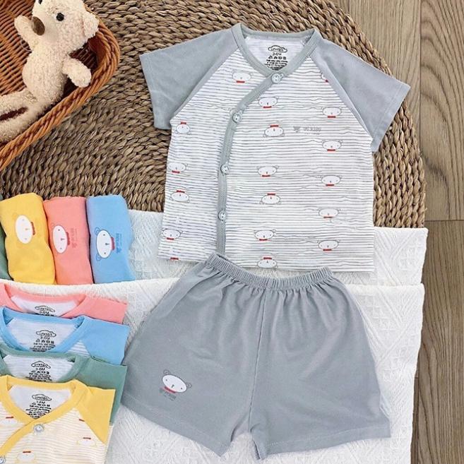 [3-9kg] Bộ Quần Áo Ngắn Tay Chất Thun Lạnh Mềm Mát Kẻ Sọc Phối Màu Cho Bé - Hồng
