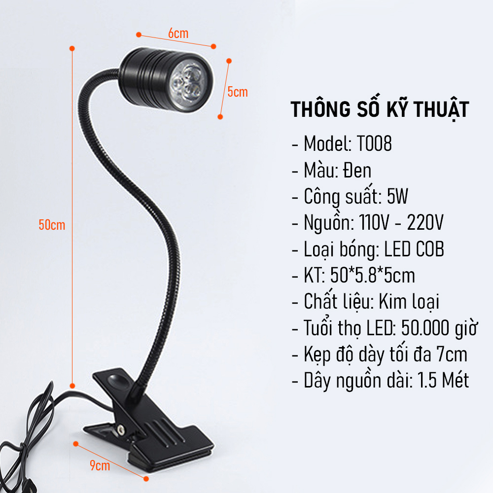 Đèn kẹp đọc sách đầu giường BOLUX 5W-220V, Bóng Led COB ánh sáng chiếu rọi tập trung, Thân đèn Kim loại uốn 360 độ