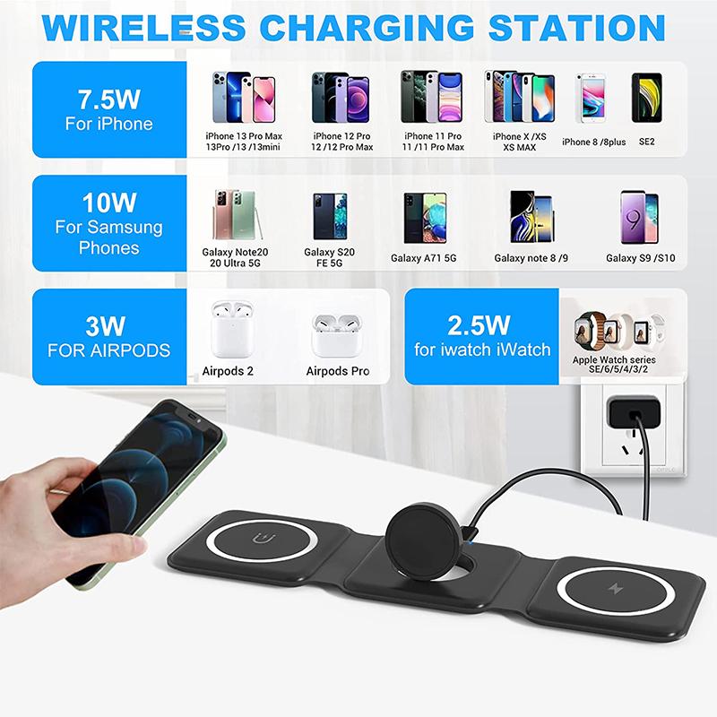 Có thể gập lại 3 trong 1 Bộ sạc không dây cho iPhone 14 13 11 12 Pro Max Mini Sạc từ tính nhanh cho Apple Watch 7 6 Airpod 3