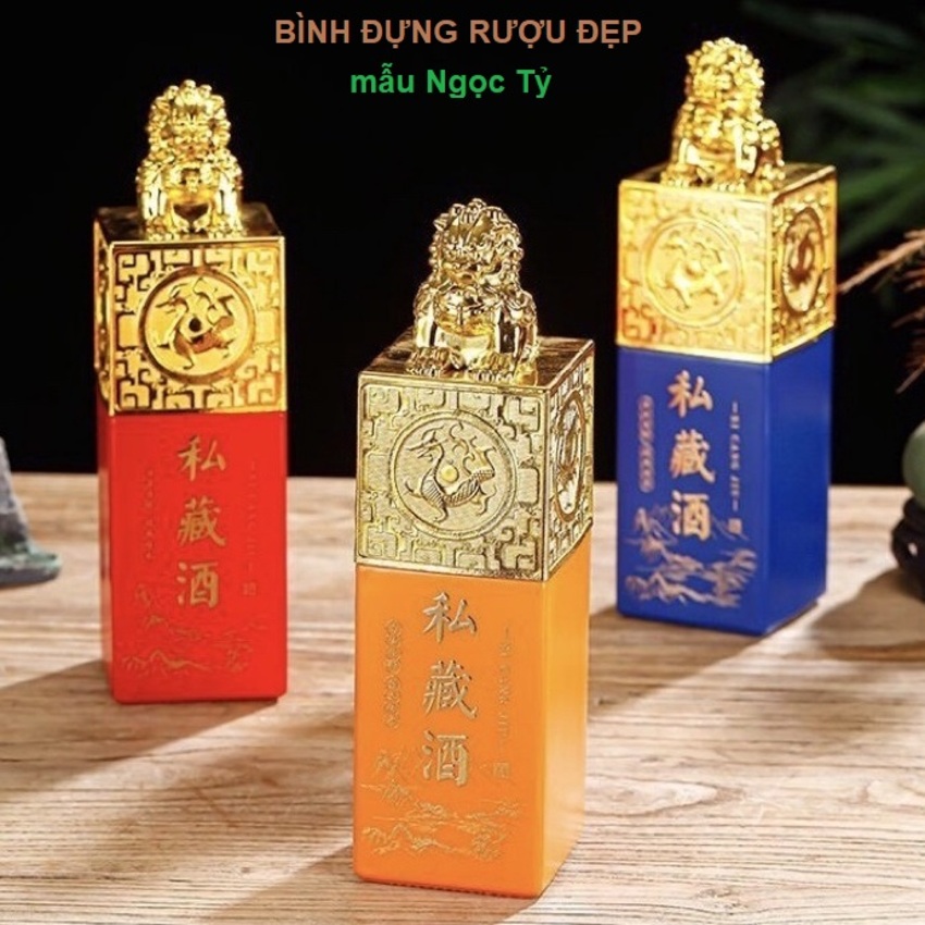 Chai Đựng Rượu 500ML mẫu ngọc tỷ ấn ký – kèm hộp giấy và túi đựng quà – 3 màu lựa chọn - Chai Thủy Tinh Đựng Rượu – Vỏ Chai Rượu Đẹp