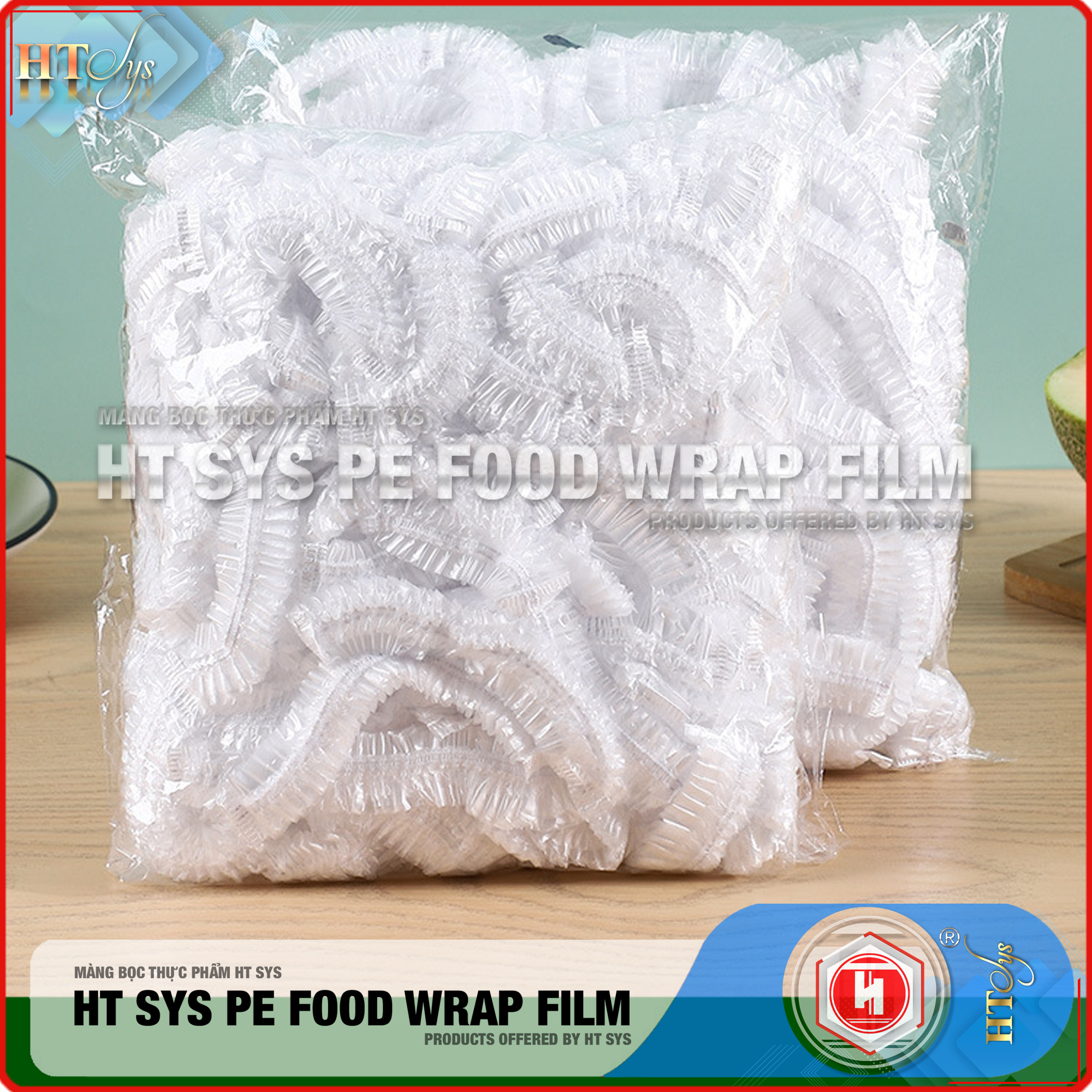 Màng Bọc Thực Phẩm HT SYS PE FOOD WRAP FILM - Chất Liệu PE Cao Cấp - Có Chun Co Giãn - Tái Sử Dụng Nhiều Lần - An Toàn Vệ Sinh - Gói 100 Chiếc Tặng Kèm Túi Đựng Và Móc Dán Đa Năng