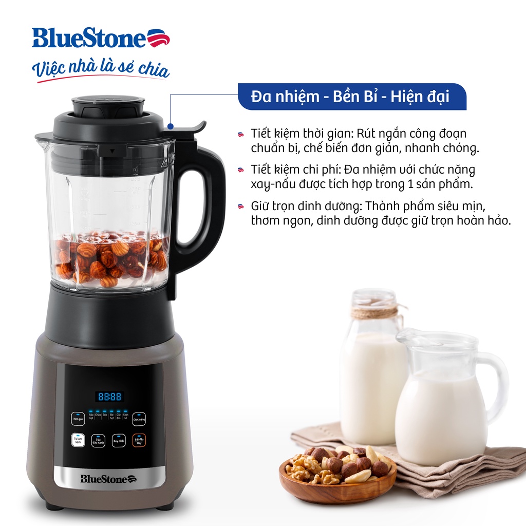 Máy Làm Sữa Hạt Đa Năng Bluestone BLB-6031, Cối Thủy Tinh Borosilicate 1.75L - Lưỡi Dao 8 Cánh 1600W, Hàng Chính Hãng