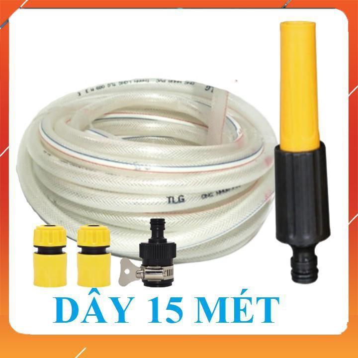 Vòi Xịt️Evoucher Bộ dây vòi xịt nước rửa xe, tưới cây , tăng áp 3 lần, loại 15m 206622-5 cút sập, nối đen