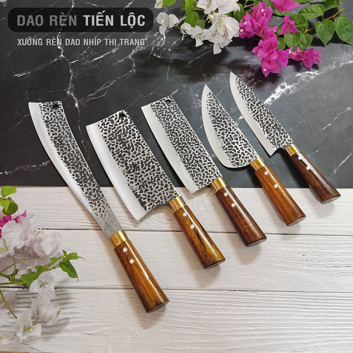 Bộ Dao Nhà Bếp Thép Nhíp Cao Cấp - 5 Dao Chặt Cây, Chặt Xương, Thái Lọc Thịt - Cán Gỗ Cẩm