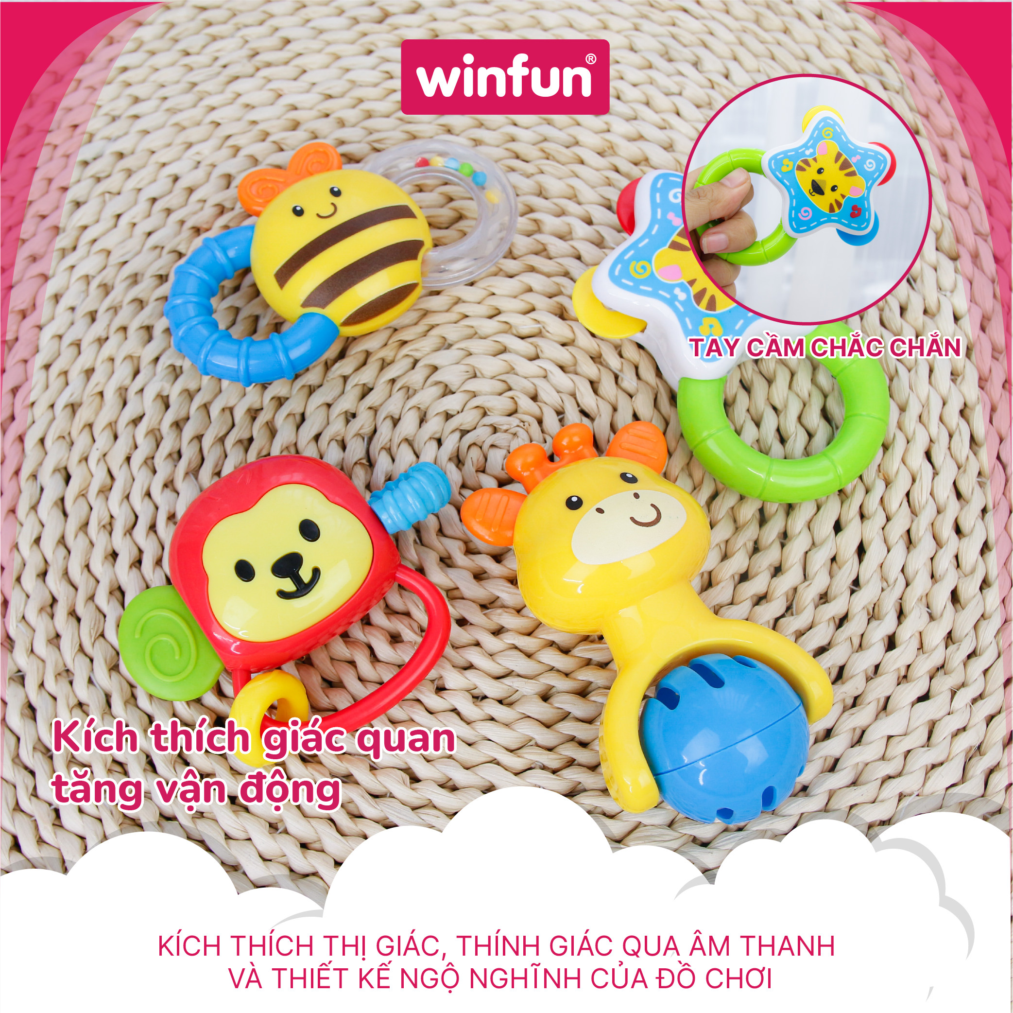 Set 4 đồ chơi xúc xắc cầm tay, gặm nướu chủ đề động vật hoang dã Winfun 0634-NL