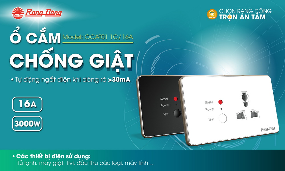Ổ cắm âm tường chống giật chính hãng Rạng Đông, đảm bảo an toàn khi sử dụng Model: OCAT01 1C/16A - Giá gốc tận xưởng