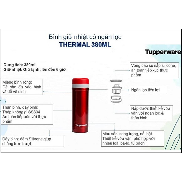 Bình Giữ Nhiệt Có Ngăn Lọc Thermal 380ML, Chính Hãng Tupperwae, Giữ Nhiệt Trong Vòng 6 Giờ,An Toàn Sức Khỏe