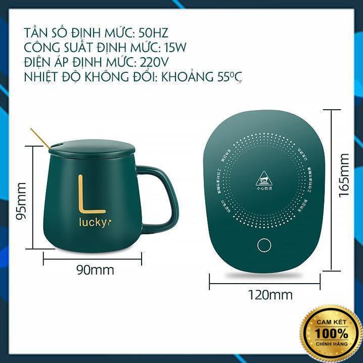 Bộ Cốc Ly Sứ Hâm Nóng Lucky Thông Minh Cao Cấp, Kèm Đế Điện Hâm Cafe, Sữa, Trà Tặng Kèm Thìa Mạ Vàng Tiện Lợi