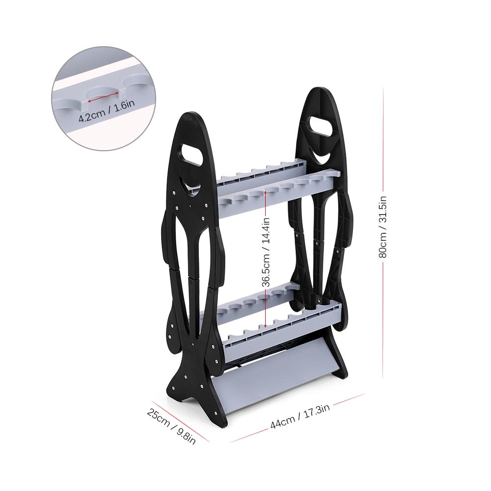Giá đỡ cần câu hình dạng con cá, có 16 chỗ để, được làm bằng nhựa chất lượng cao, nhẹ và bền