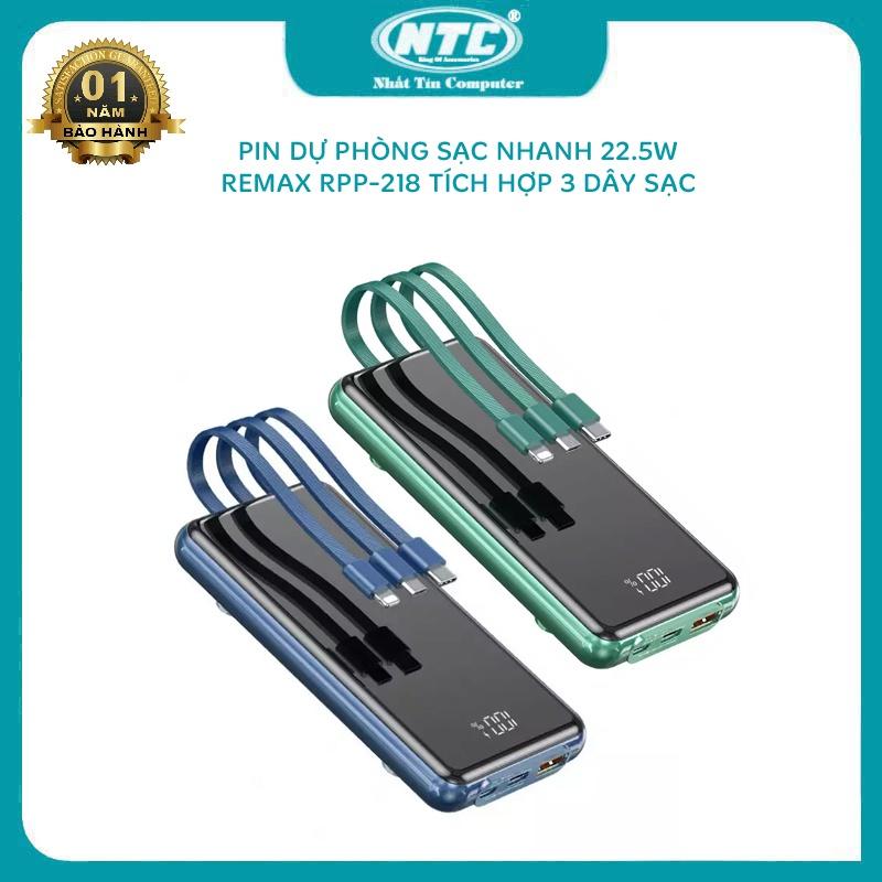 Pin dự phòng sạc nhanh Remax RPP-218 dung lượng 10000mAh QC và PD 22.5W - tích hợp 3 dây sạc thông dụng (2 màu tuỳ chọn) - Hàng Chính Hãng