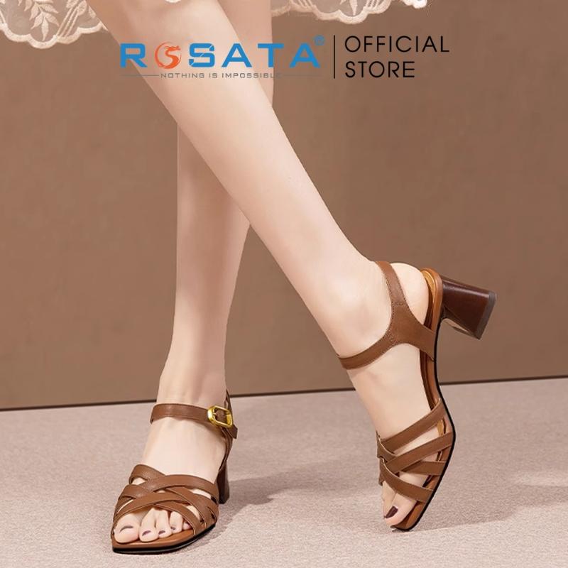 Giày sandal cao gót nữ ROSATA RO584 xỏ ngón phối dây mũi tròn quai hậu khóa cài dây mảnh gót vuông cao 5cm - NÂU