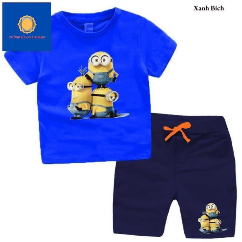 MS: 190177 - Đồ bộ quần áo thun bé trai, bé gái, ngắn tay, in 3 chú minion đáng yêu - Xưởng may Gia Khang