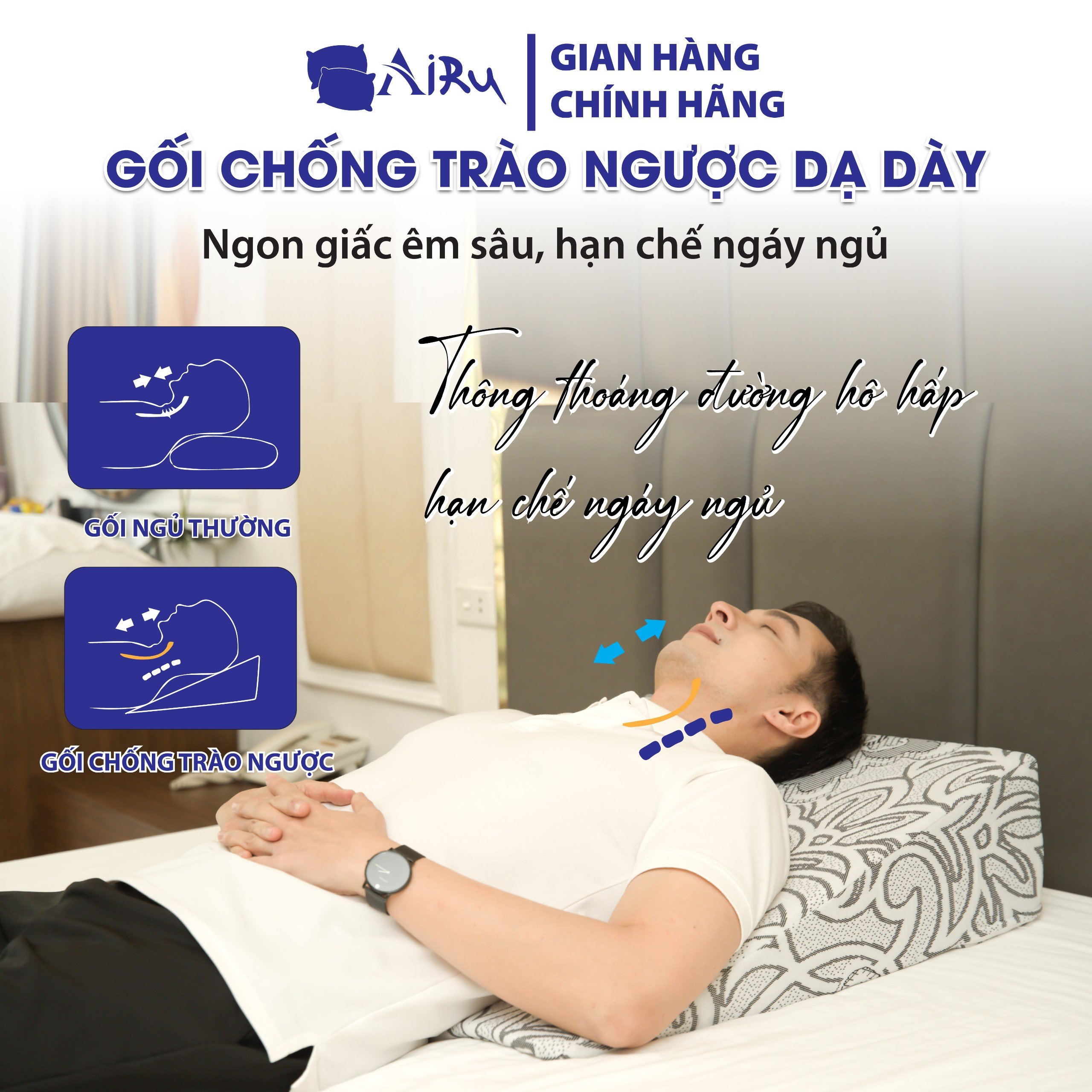 Gối chống trào ngược dạ dày người lớn, kích thước 65*60*16cm- Chống trào ngược acid, ngứa rát cổ họng, viêm họng mãn tính, khó thở