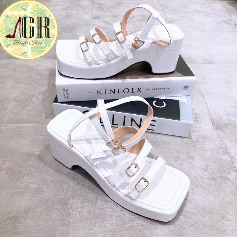 Sandal xuồng 3 quai khoá da mềm đế vuông 6 cm