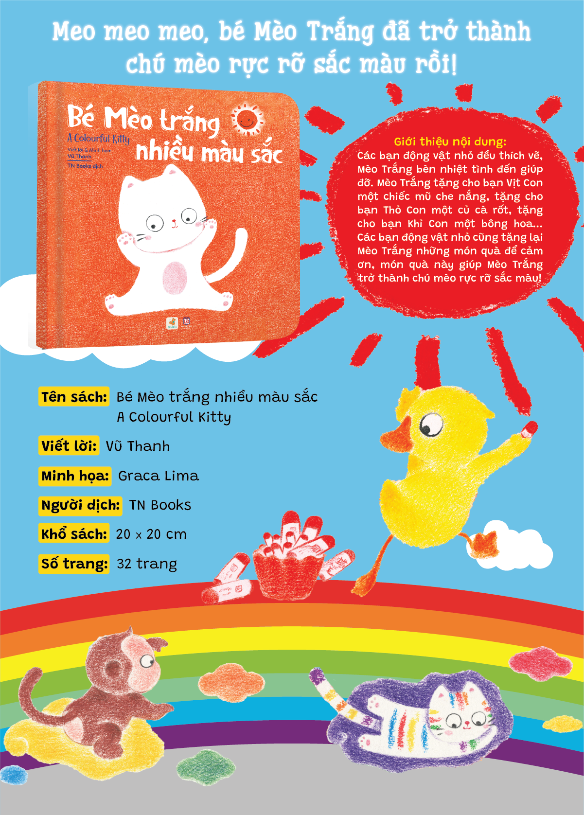 Picture Books Song Ngữ - Bé Mèo trắng nhiều màu sắc – A Colourful Kitty - Bộ Sách Phát Triển IQ-EQ Đầu Đời Cho Bé ( 0-4 tuổi )