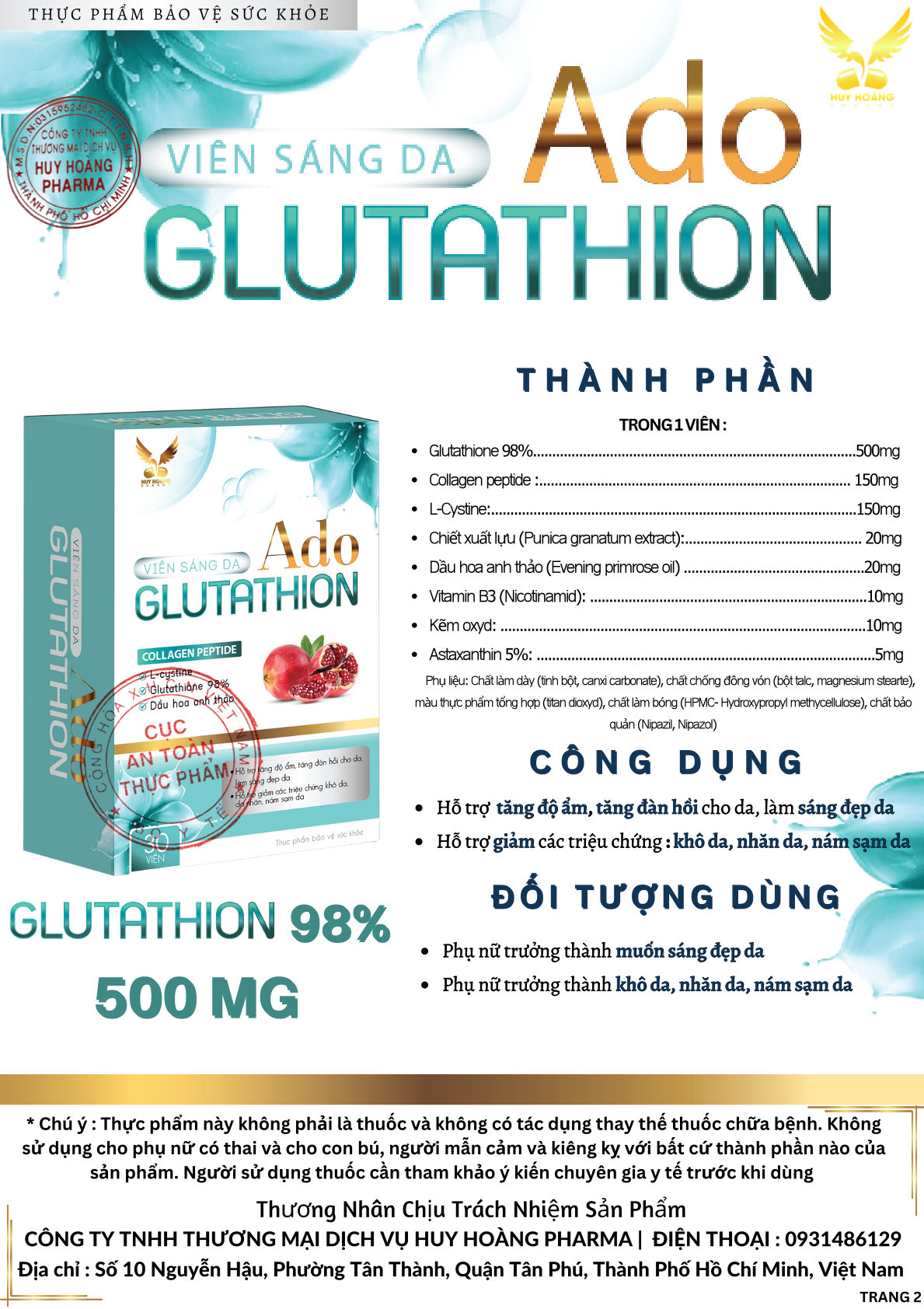 Thực phẩm bảo vệ sức khỏe Viên Sáng Da Ado Glutathion
