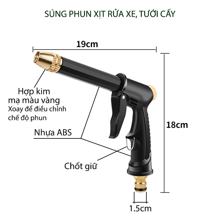 Đầu phun xịt rửa xe áp lực cao, tưới cây đa năng loại ngắn, đầu bằng hợp kim mạ đồng