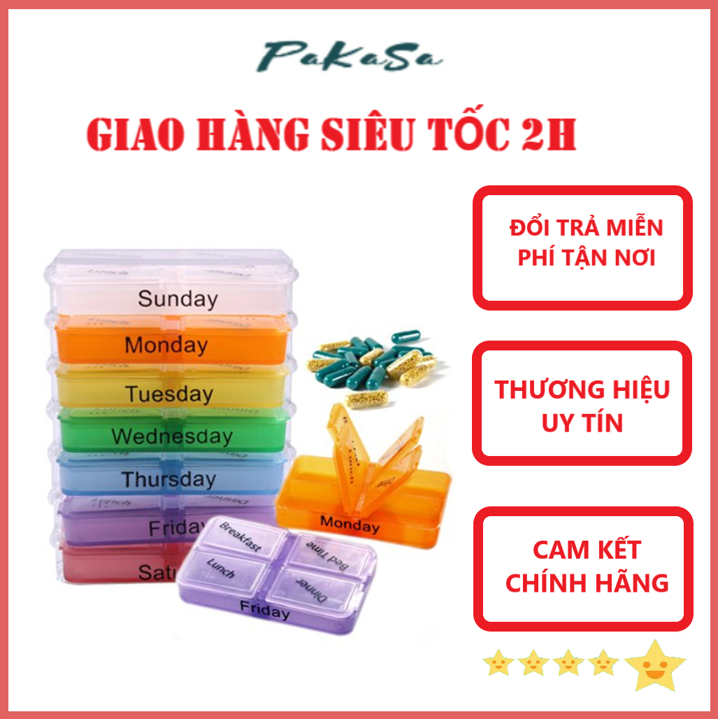 Hộp Đựng Thuốc Cho 1 Tuần Có Thể Tháo Rời Theo Từng Ngày , Mỗi Ngày Có 4 Ngăn Đựng Tiện Lợi PaKaSa - Hàng Chính Hãng 