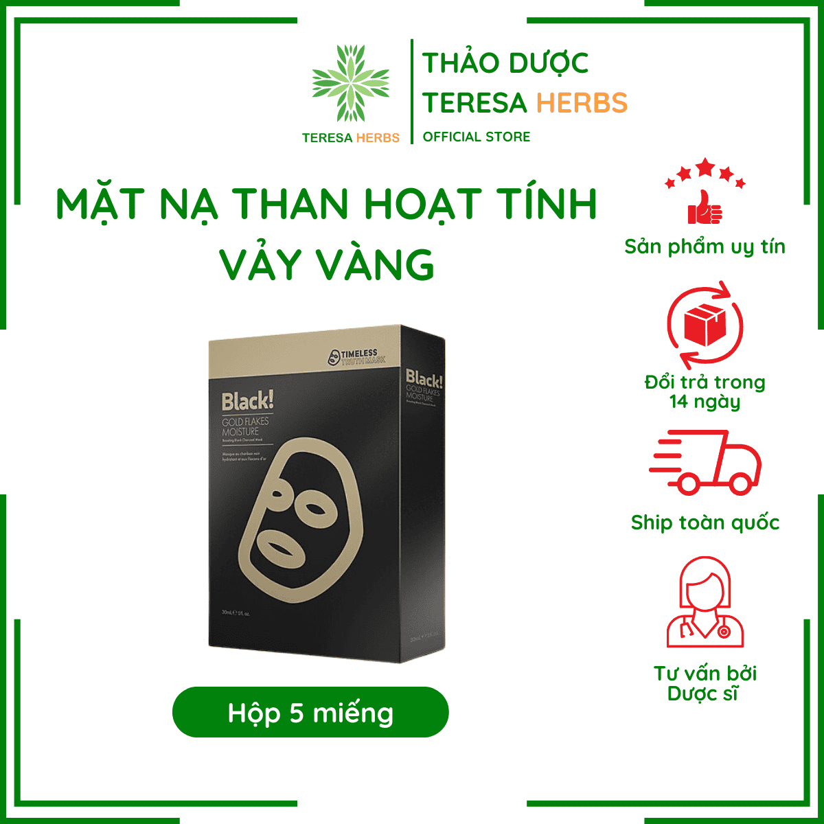 Mặt Nạ Than Hoạt Tính GOLD FLACKES TIMELESS TRUTH MASK Dưỡng Ẩm, Giúp Da Mềm Mại | Mặt Nạ Dưỡng Sáng Da ( Hộp 5 miếng)