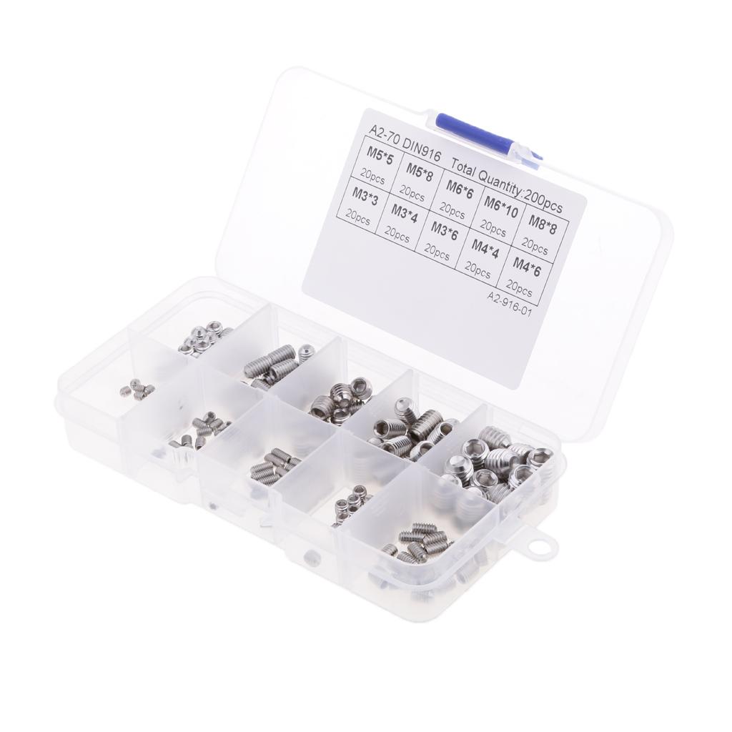 New 200pcs Stainless Steel Head Socket Hex Set Grub Screw Assortment Kit M3-M8