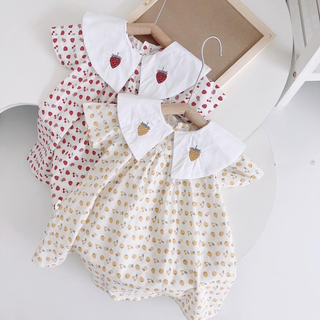 Váy hè cho bé gái 1-6 tuổi cộc tay cổ sen thêu dâu tây, Đầm babydoll trẻ em hàng thiết kế thoáng mát