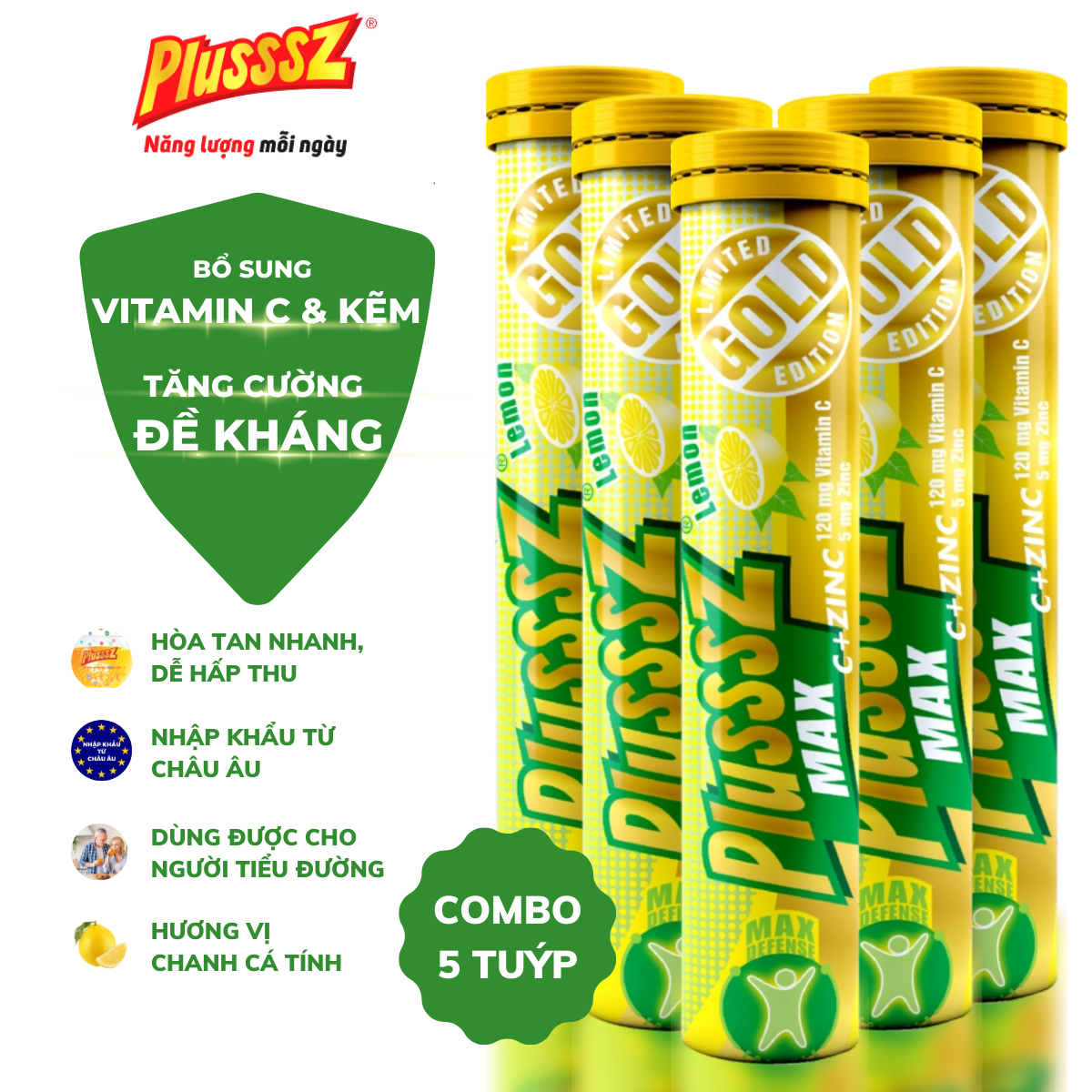 Viên sủi Plusssz Max Vitamin C & ZinC vị chanh không đường bổ sung vitamin C và kẽm dạng hòa tan, dễ hấp thu hỗ trợ đề kháng, vững vàng sức khỏe