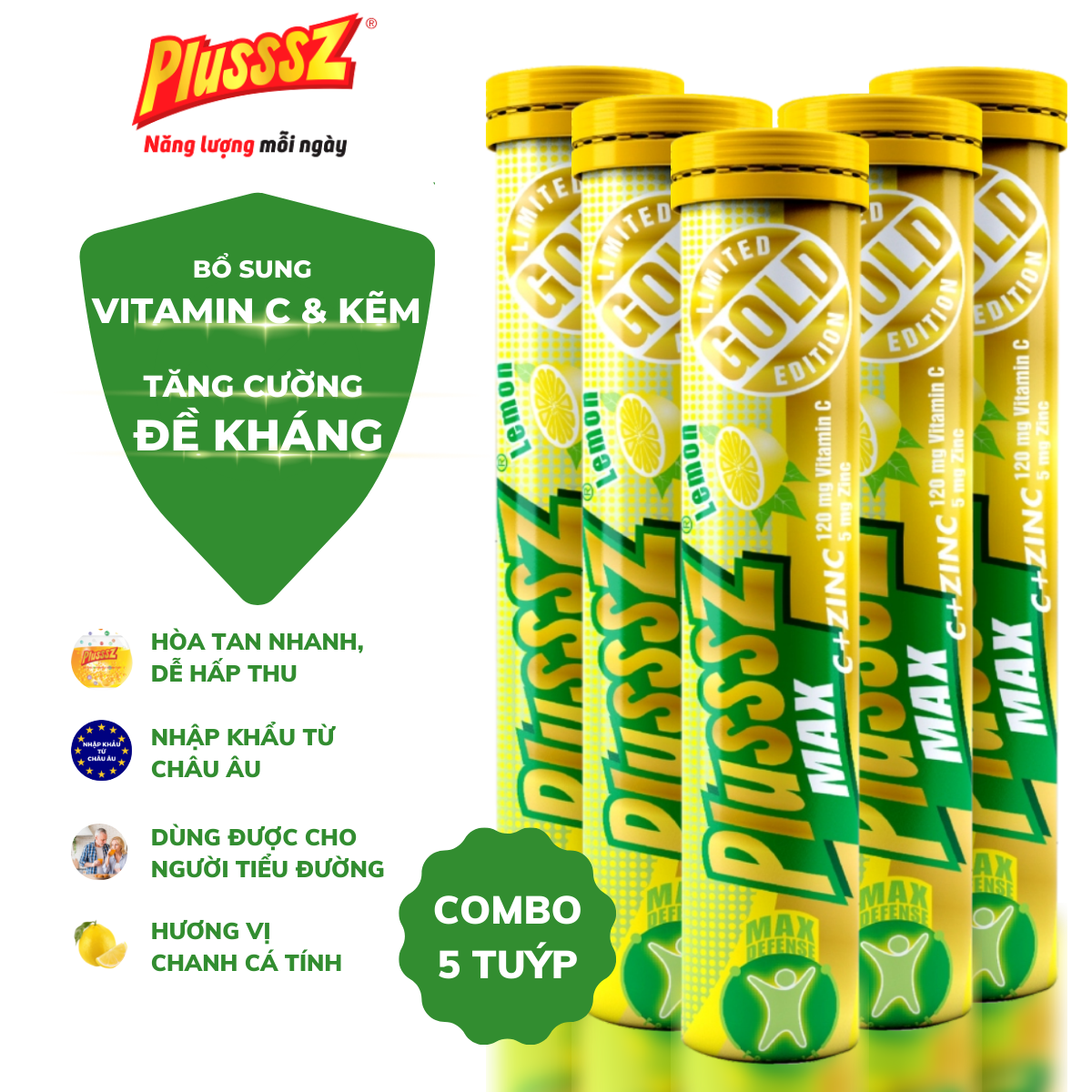 {COMBO5TUYP} Viên sủi Plusssz Max Vitamin C & ZinC vị chanh không đường bổ sung vitamin C và kẽm dạng hòa tan, dễ hấp thu hỗ trợ đề kháng, vững vàng sức khỏe (Tuýp 20 viên sủi)