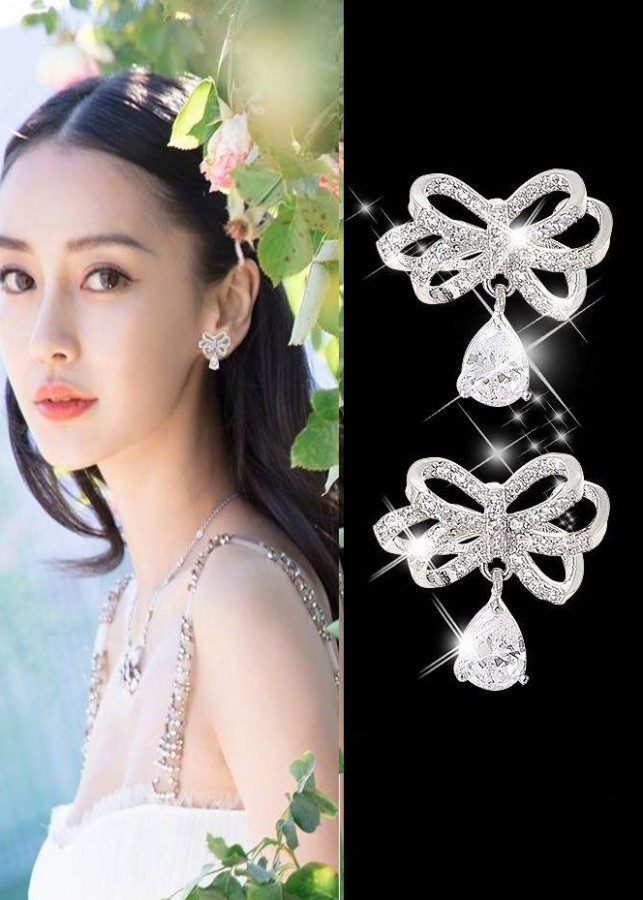 Bông tai hình nơ đính đá mix giọt nước long lanh