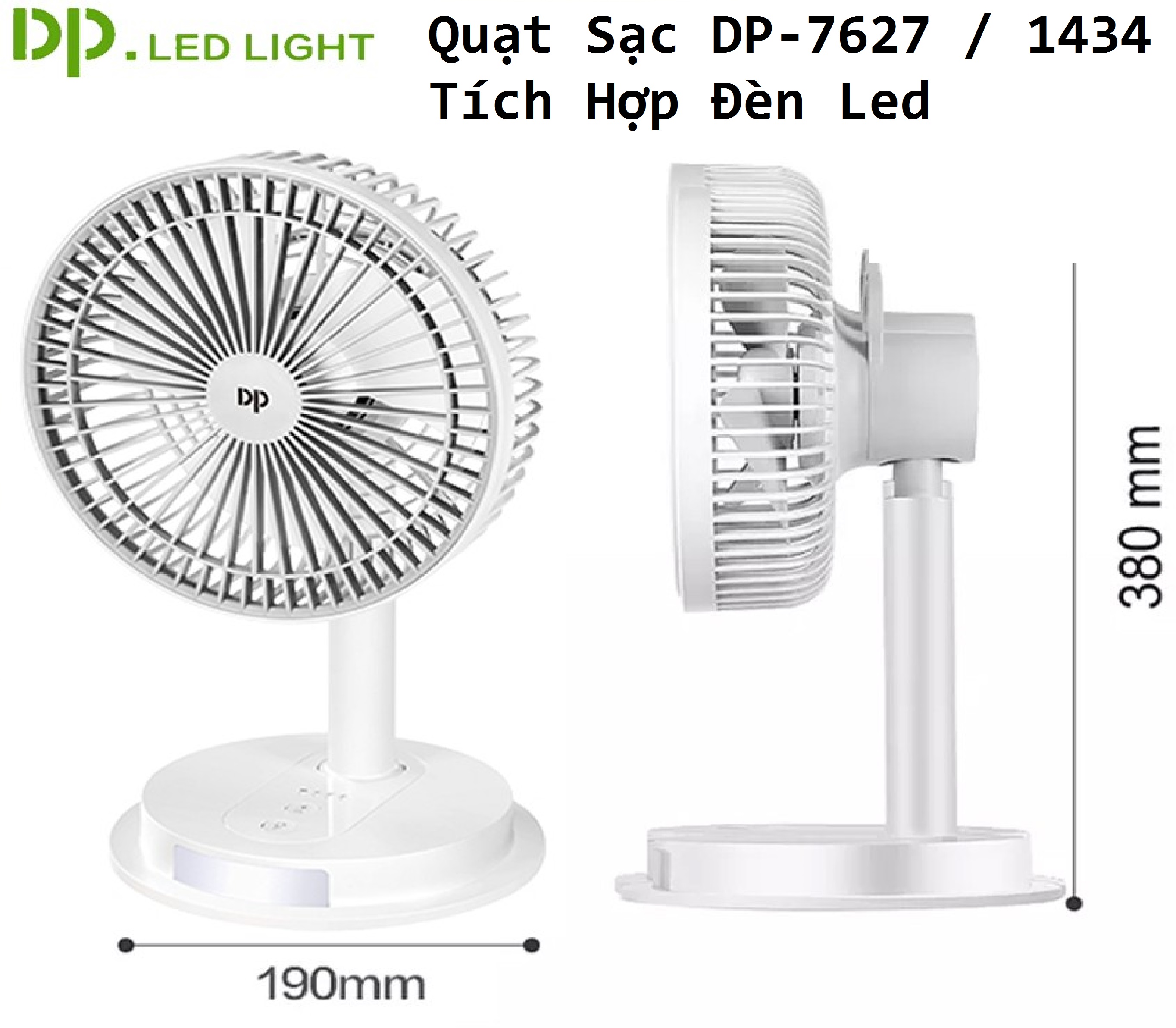 Quạt Sạc DP-7627 / 1434 Tích Hợp Đèn Led VT - Hàng chính hãng