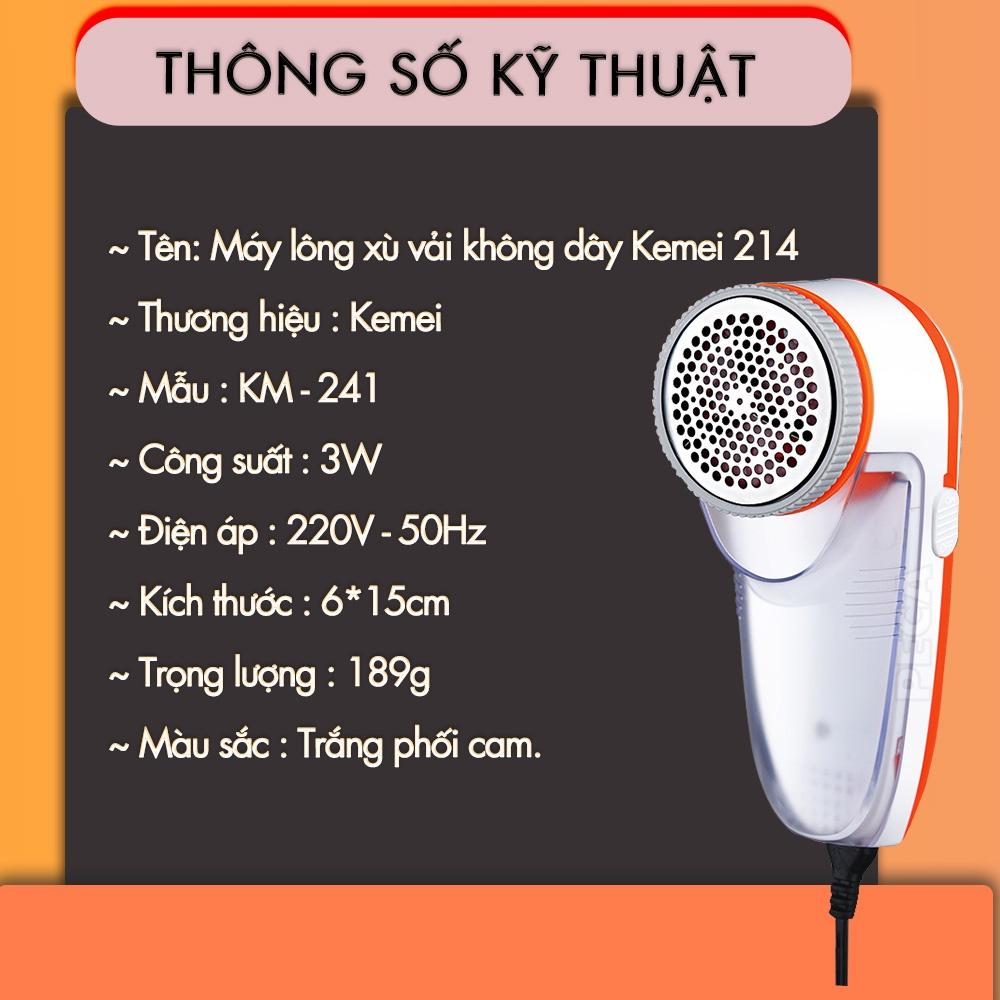 Máy cắt lông xù không dây Kemei KM-241 dùng cắt lông xù vải, quần áo, thảm ga giường,... sạc nhanh tiện lợi