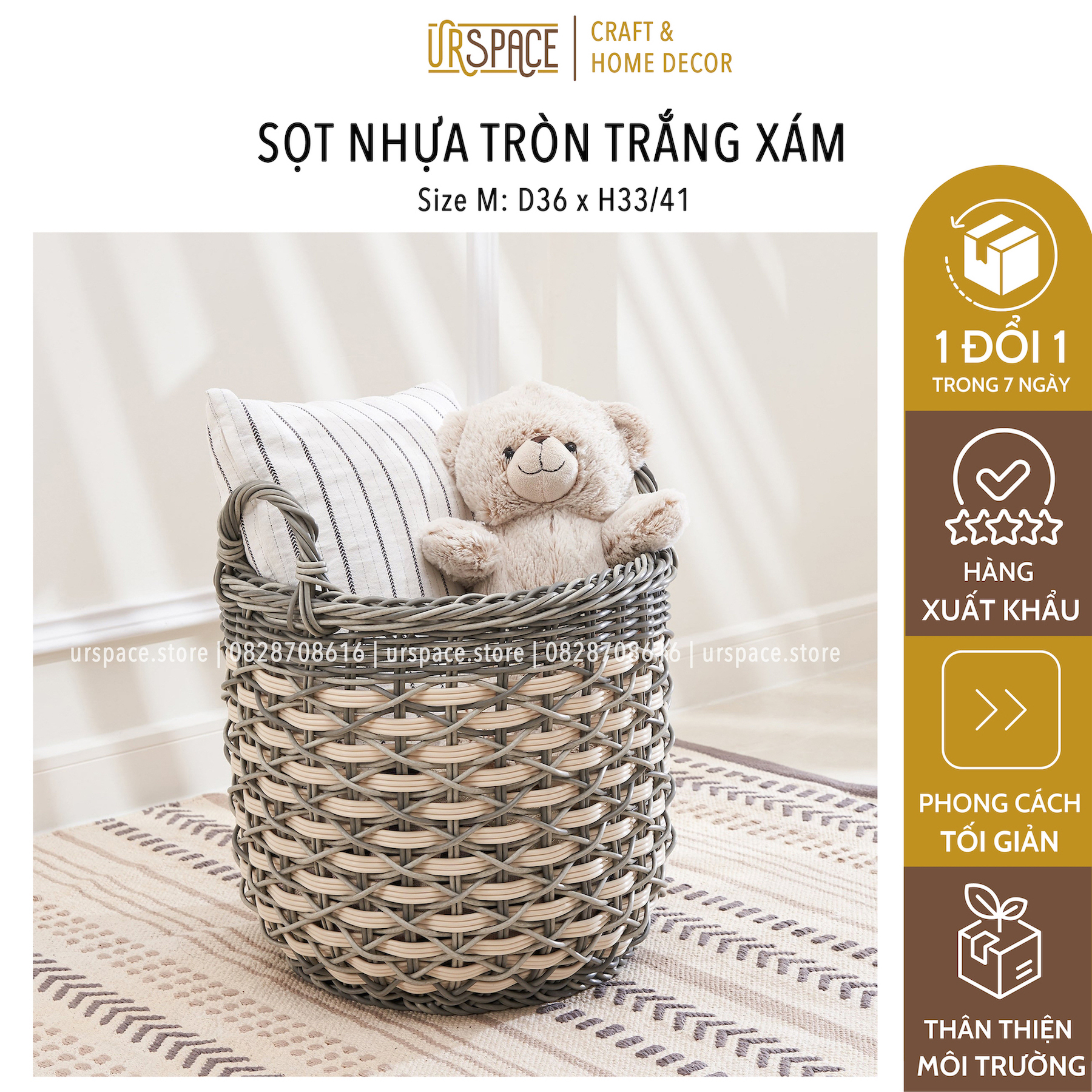 Sọt nhựa đựng đồ đa nặng hình tròn có quai cầm màu trắng xám/ Hand woven resin basket with handles white mix grey