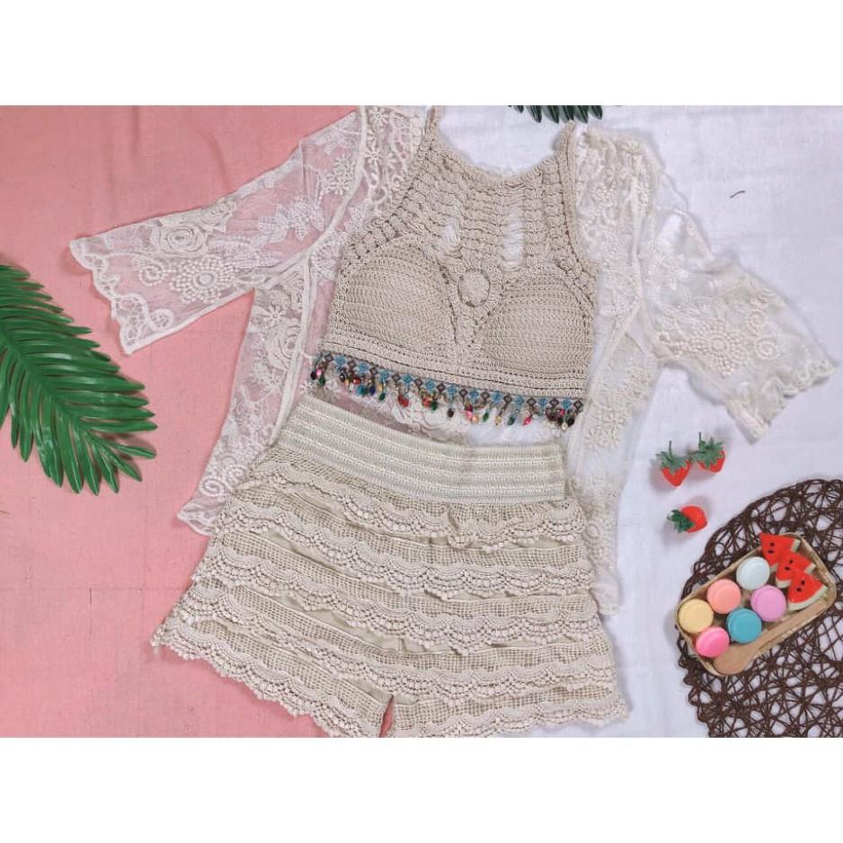 freeship Set đồ bơi bikini len móc kèm áo choàng siêu đẹp nữ tính hot nhât ( Ảnh chụp thật 100%)