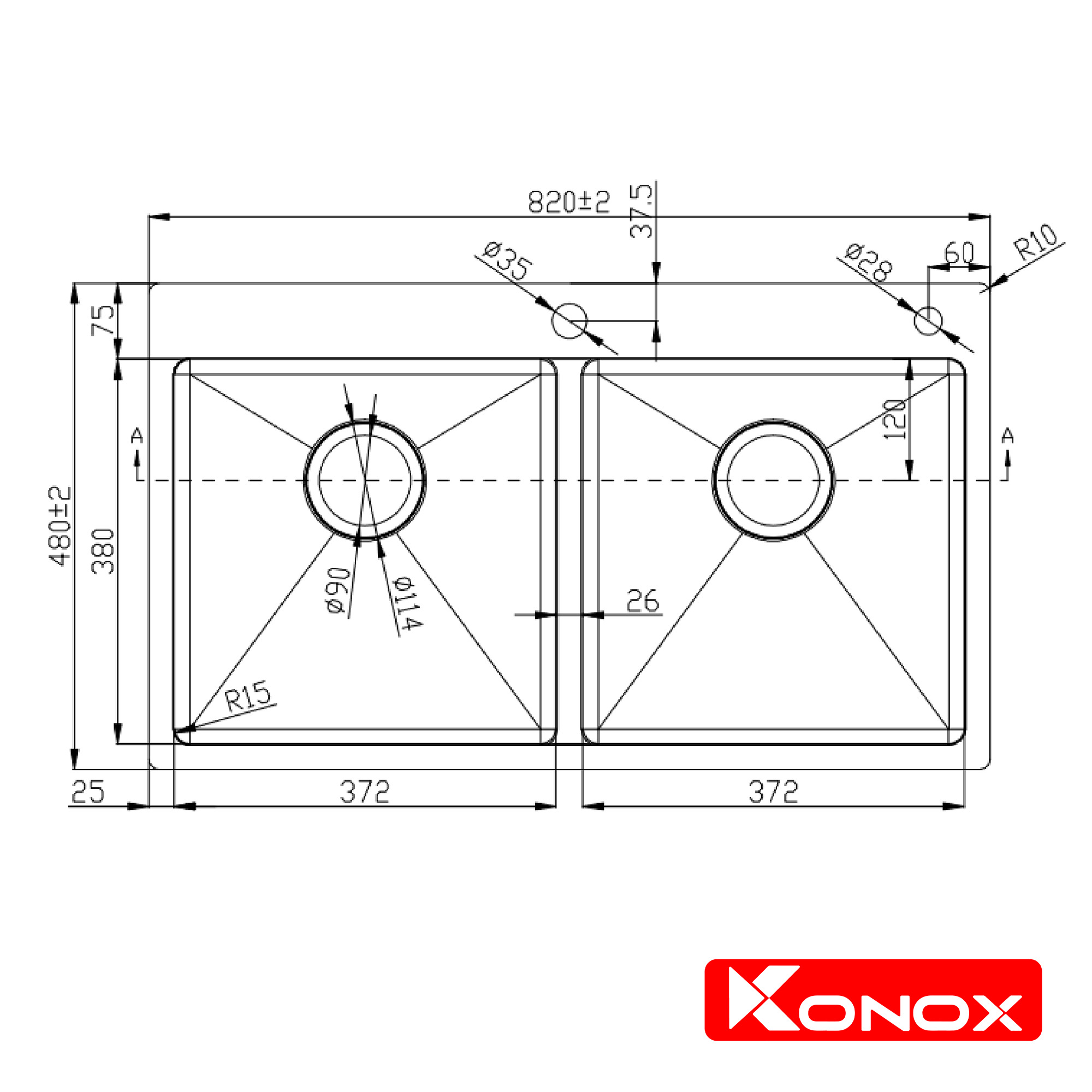 Chậu rửa bát Konox, Overmount Series, Model KN8248DOB , Inox 304AISI tiêu chuẩn châu Âu, 820x480x228(mm), Hàng chính hãng